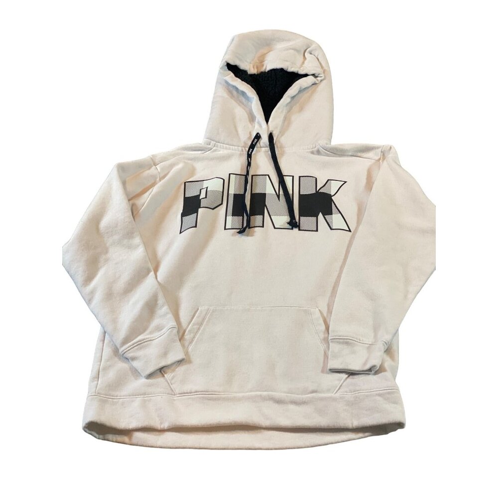 VS PINK  Hoodie Pullover White Black Plaid Design LS Women XS Kangaroo Pocket